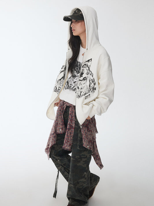 Cat Print Double-Zip Sweatshirt
