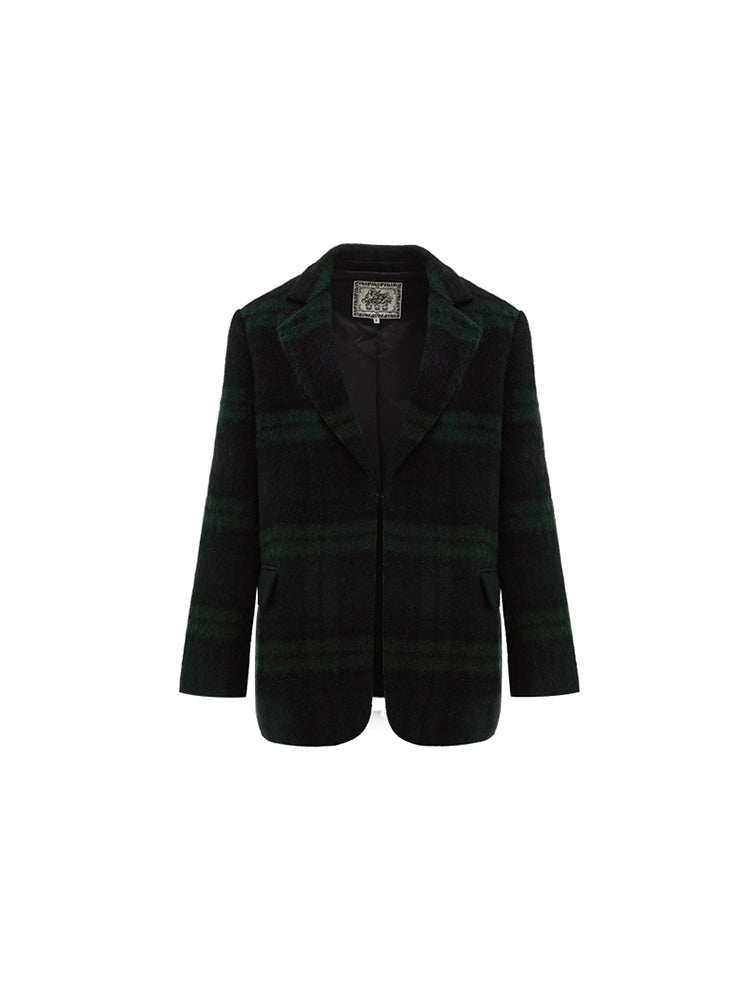 Vintage Dark Green Checked Oversized Wool Blazer – High-End Silhouette