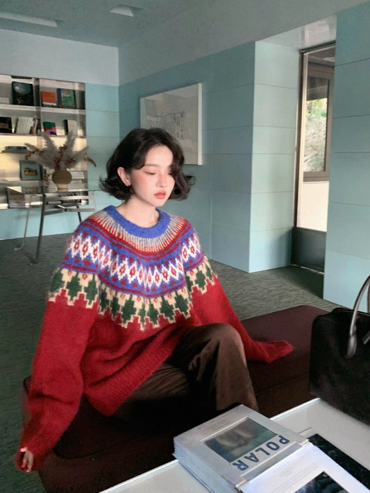 Retro Christmas Jacquard Sweater – Oversized Winter Warmth