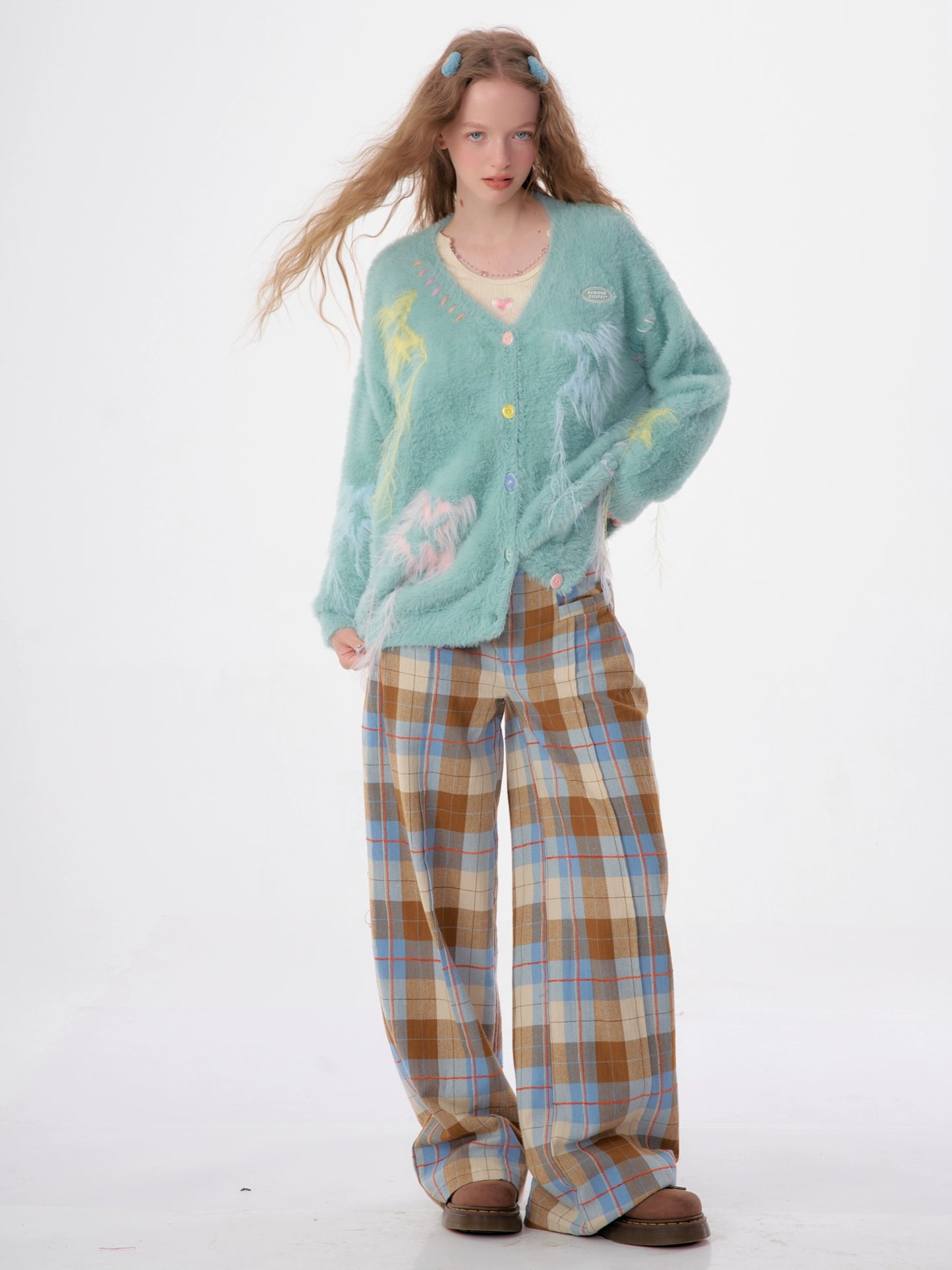 Pantalon en laine à carreaux rétro | Coupe slim taille haute bleu et marron pour l’automne/hiver