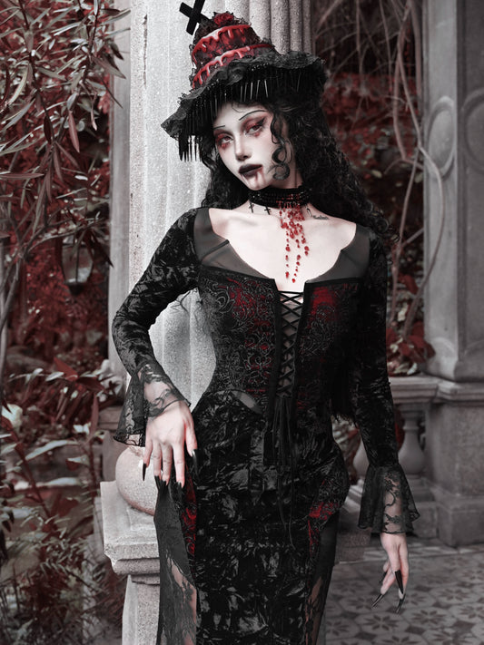 Crimson Gothic Velvet Dress – Slim Bat-Sleeve Glitter Fishtail Gown