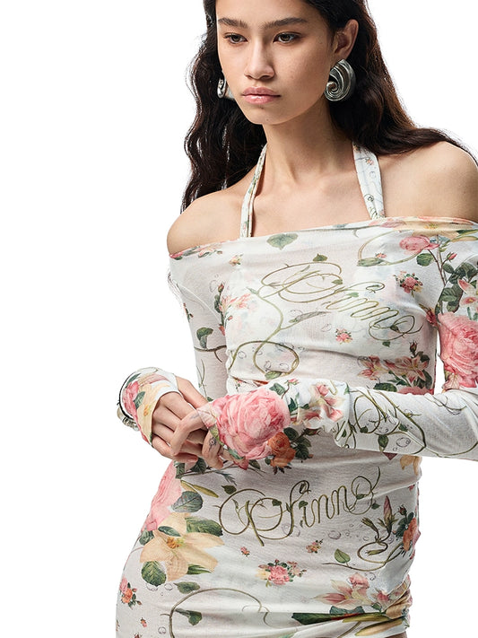 Resort Floral Sheer One-Shoulder Smock – Slim Fit Long Sleeve Midi Top