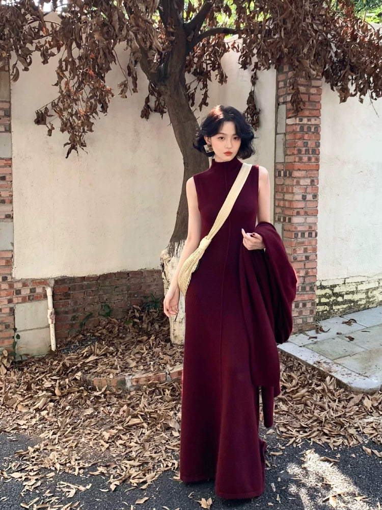 Raccoon Fleece Wool High Neck Sleeveless Long Dress – Cozy Elegance