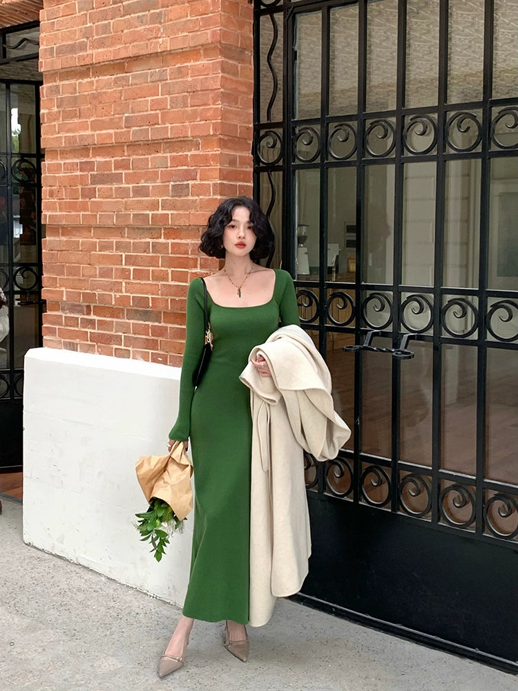 Huiyunye U-Neck Slim Long Knitted Dress – Sexy Winter Warmth