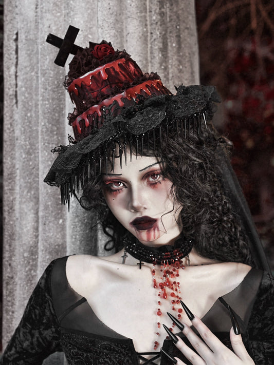 Crimson Blood Peak Gothic Dark Cake Cap Grotesque Mesh Tail Hat Accessory