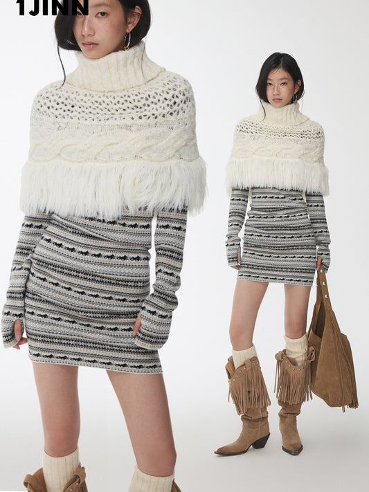 Cable Knit Tassel Cape