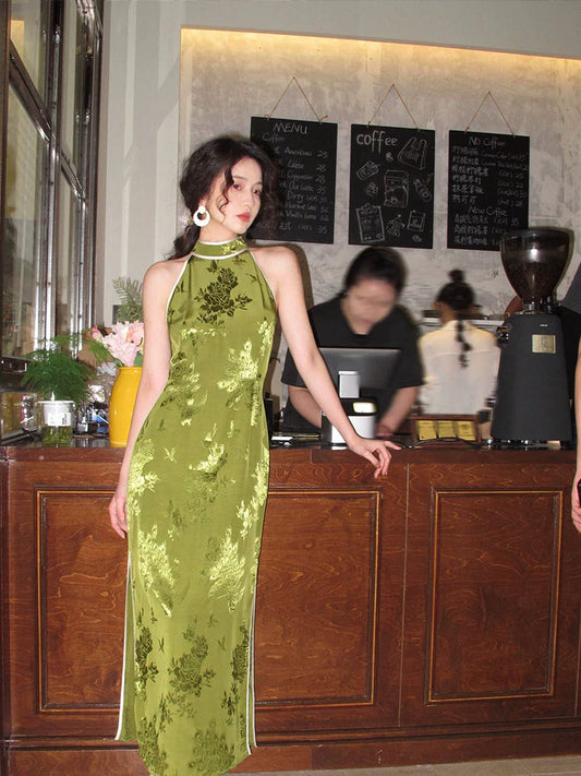 Halter Jacquard Cheongsam Dress