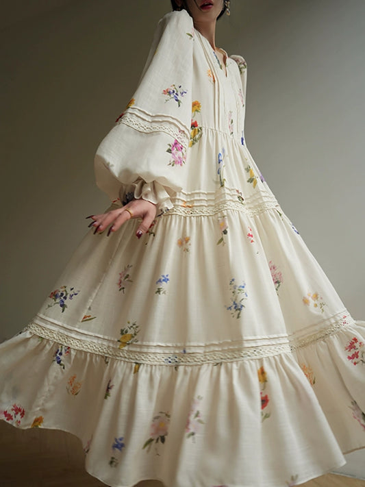 Tsubakino Hatsumi French printed dress loose and swinging seaside resort long skirt 2025 spring