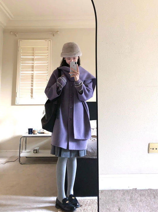 Reversible Cashmere Coat – Petite Fit Mid-Length Scarf Woolen Jacket