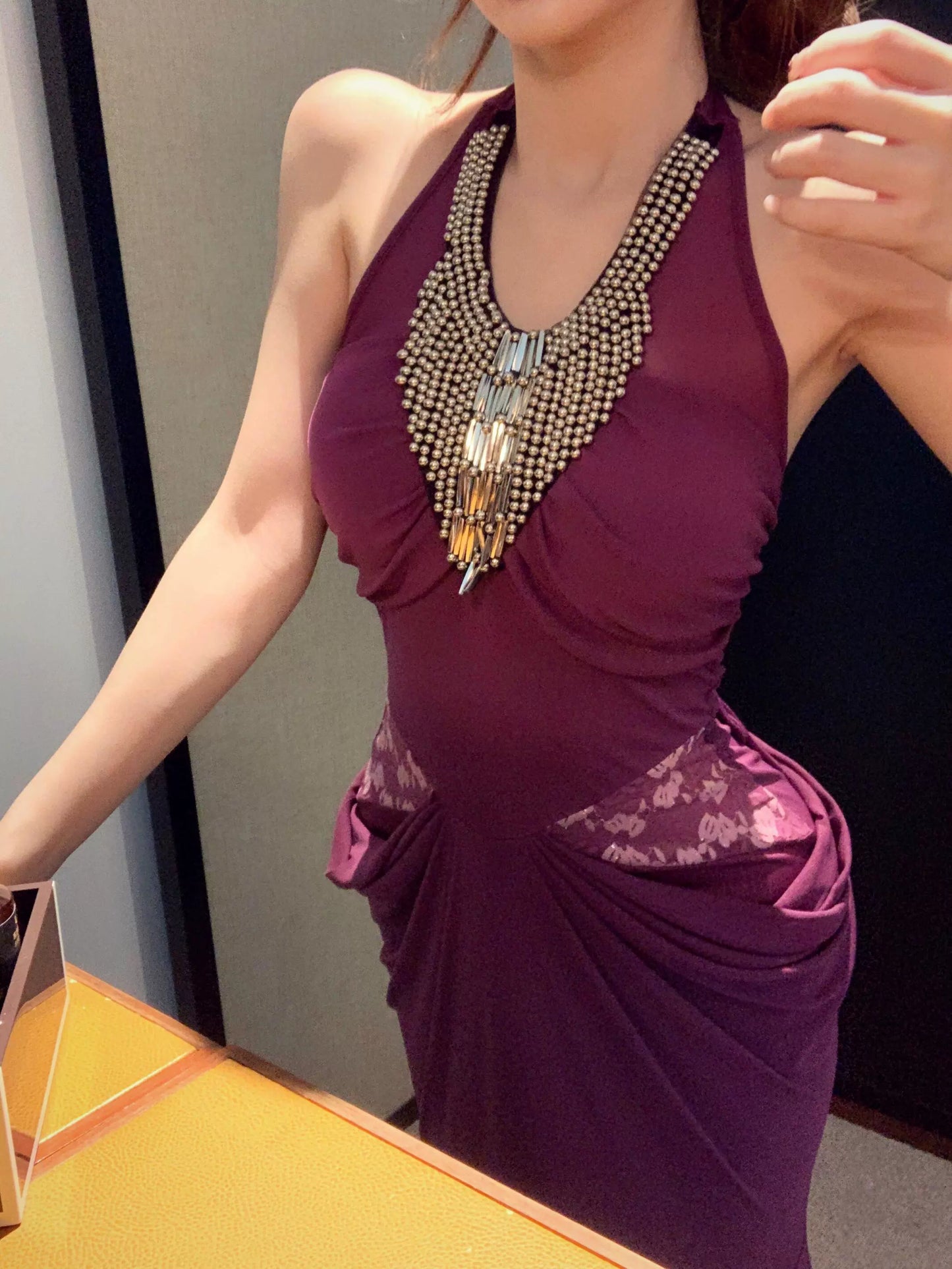 French Diamond Halterneck Dress – Elegant Luxury Dinner Gown