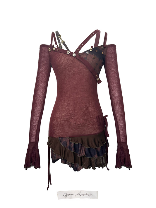 Abito con orlo a volant e pannello stampato in maglia elastica