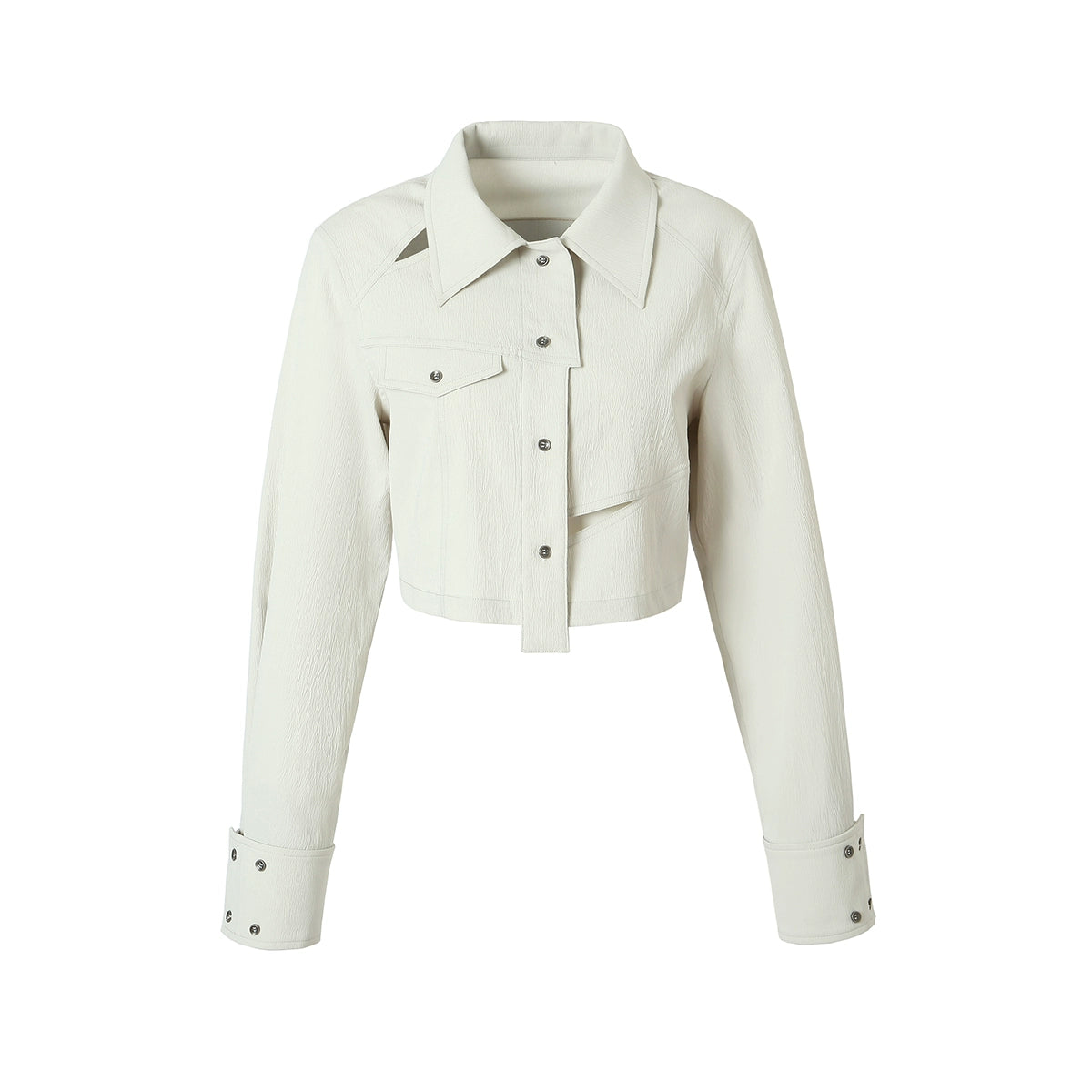 원래 중공 디자인 느낌이 작고 느슨하고 짧고 열린 허리 텍스처 셔츠 여성을위한 원래 중공 디자인