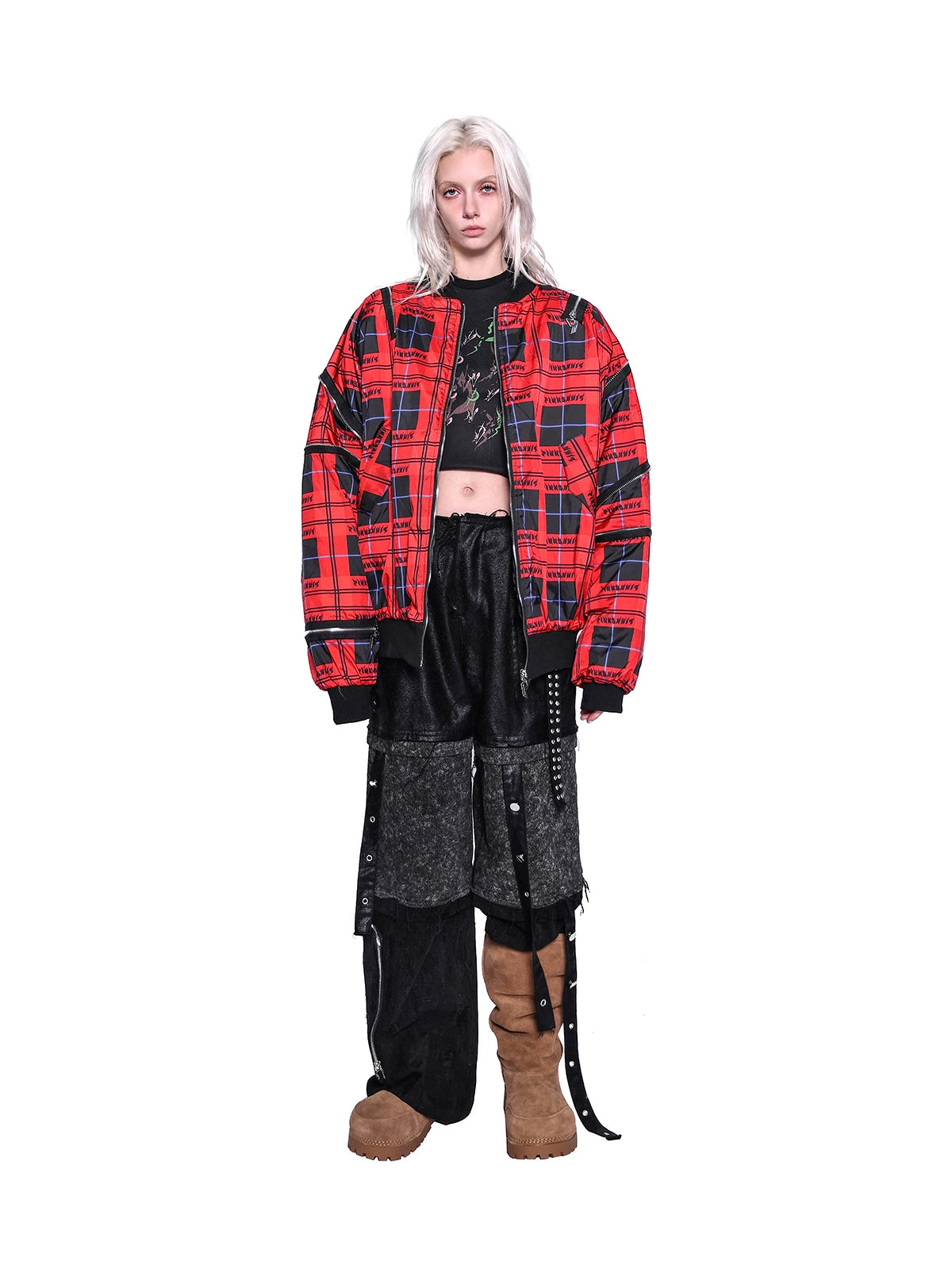 Flame Red Rock Punk Jacket – Genderless Guerra Chain Panel Y2K Aesthetic