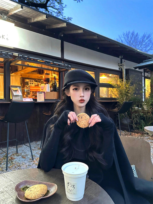 Reversible Cashmere Coat – Korean-Inspired High-End Tweed Jacket with Scarf Cape