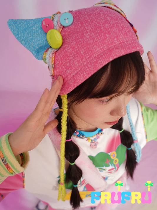 Gollu Store original cute patchwork color-blocked cat ear hat, Shibuya hot girl pink pullover hat for girls