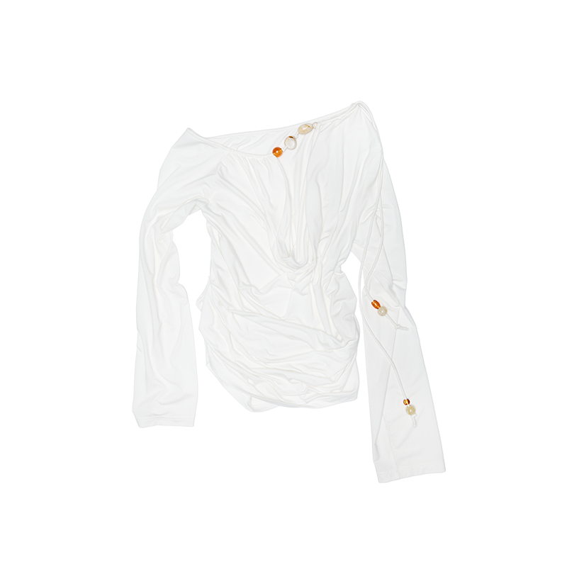 Beaded Off-Shoulder Long-Sleeve Cover-Up – Shirred Deep V Resort Top