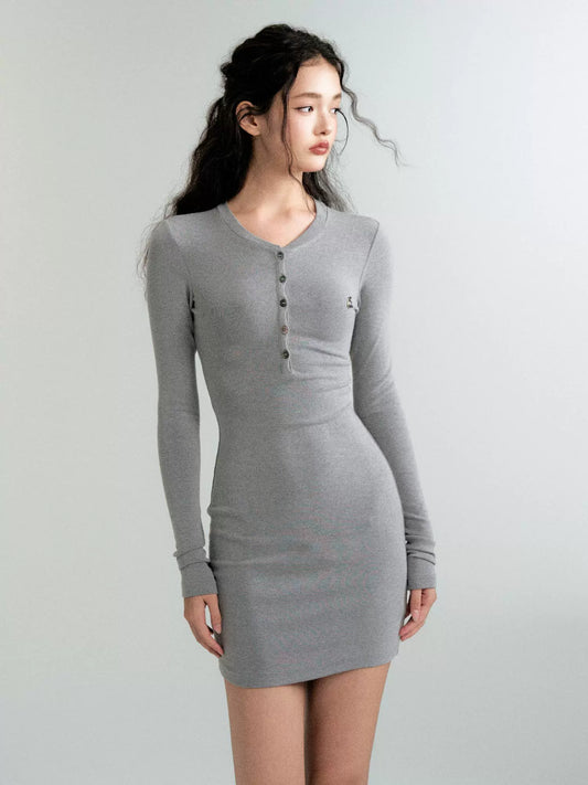 Henley Collar Long Sleeve Knit Hip Dress (Pre-Fall Edition)