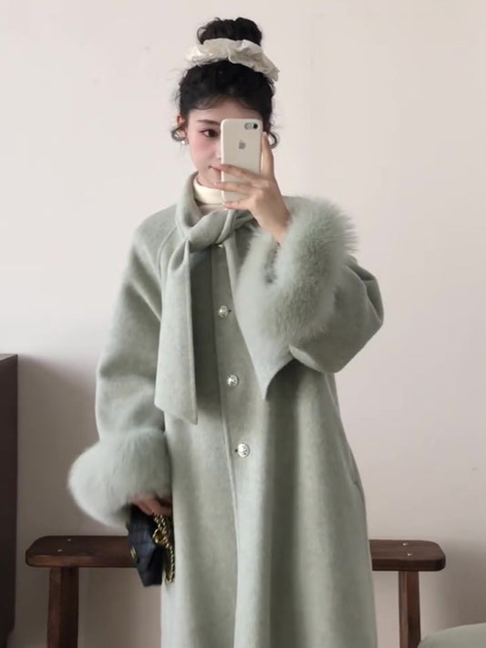 Reversible Cashmere Coat – Chic Mid-Length Fox Fur Scarf Woolen Cape