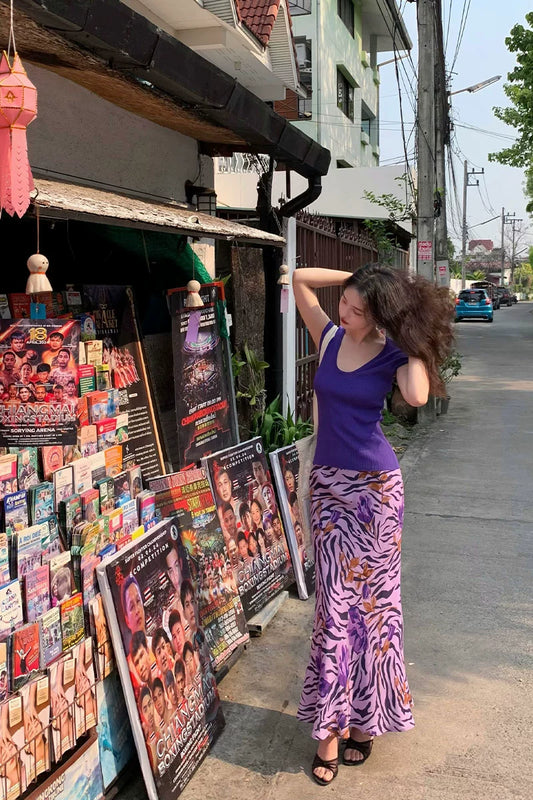 French Retro Purple Pattern Fishtail Skirt