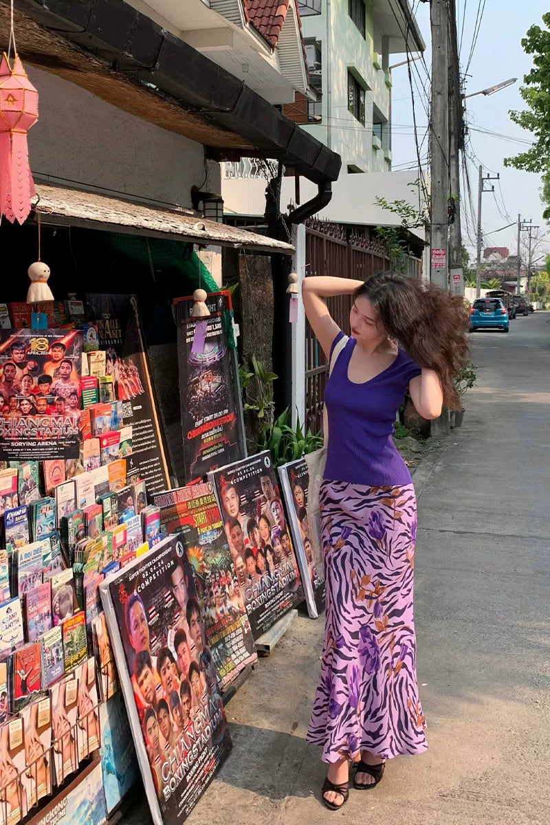 French Retro Purple Pattern Fishtail Skirt