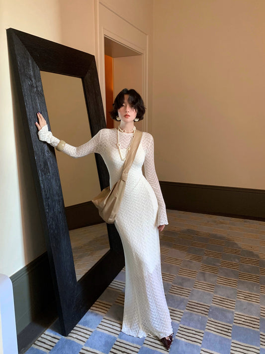 Moonlight Cicada Sheer Lace Long Dress with Anti-Exposure Slip – Vintage Romance