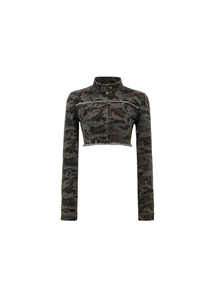 Camouflage Washed Biker Jacket – Distressed Cropped Cargo Fit