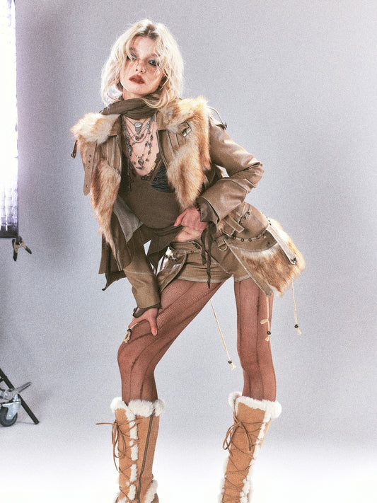 Giacca e pantaloncini patchwork in pelle invecchiata