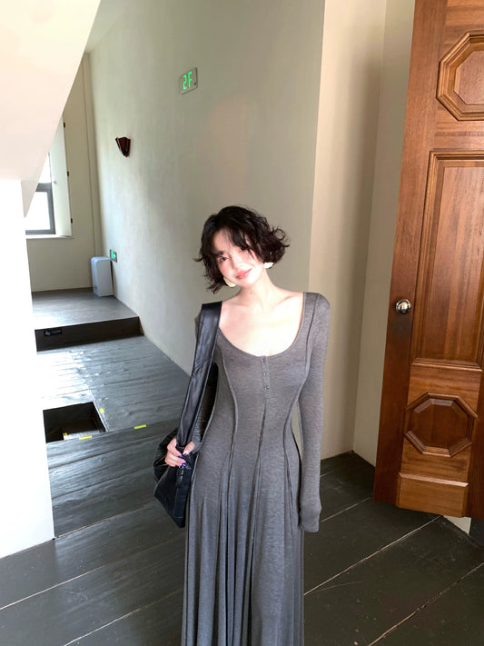 Yunshui Huai Wool-Blend Tencel U-Neck Retro Long Dress – Autumn Elegance