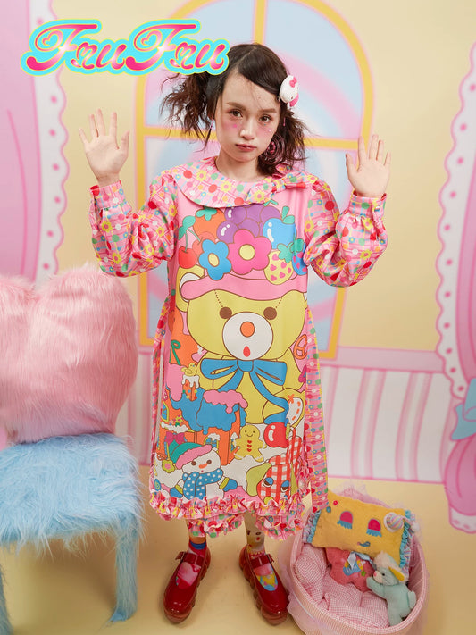 Gollum Store Girls' Room Autumn/Winter Doll Collar Pink Cute Little Bear Print Sweet Dress