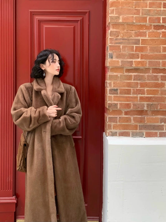 Long Fur Lapel Coat – Silky Mocha Eco-Friendly Style