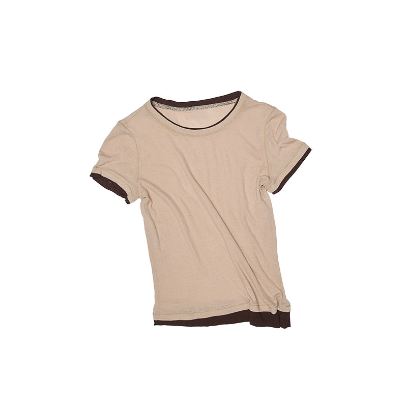 Lightweight Two-Piece Illusion Knit T-Shirt – Sheer Shoulder Short Sleeve