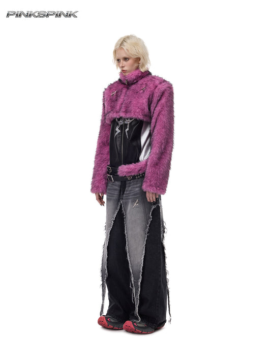 Electric Moon Gradient Fur Ultra-Short Y2K High-Neck Jacket