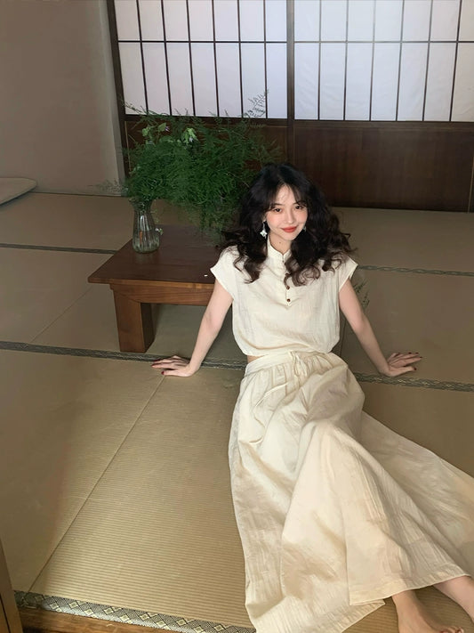 Button Hem Drawstring Top & Skirt Set