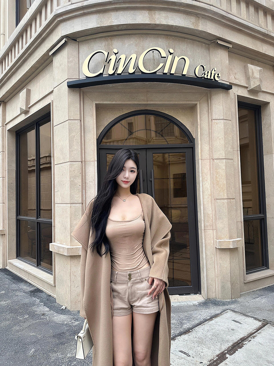 Camel Double-Faced Cashmere Coat – High-Quality Large Lapel Woolen Cape