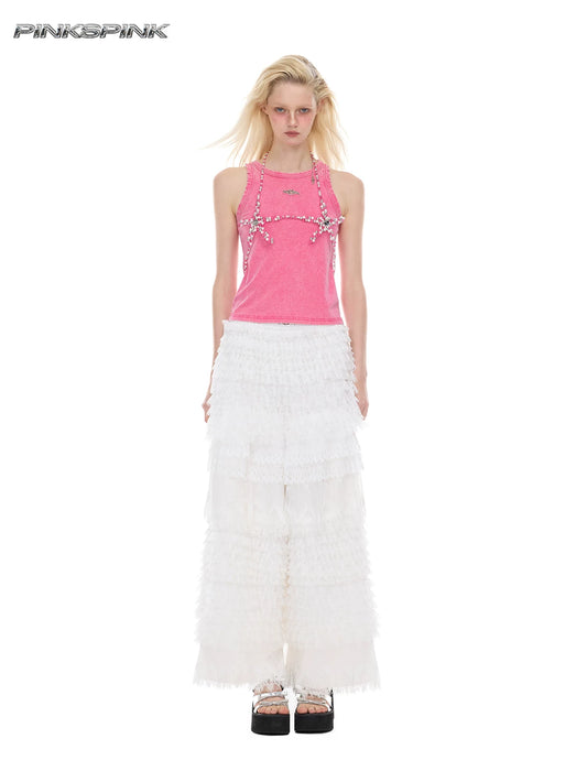 Pentagram concept Barbie pink electroplated bead pendant rock sexy hot girl Y2K strapless top