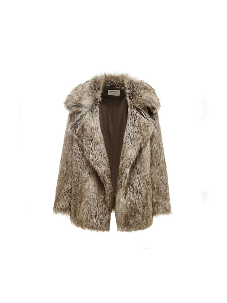 Brown Gradient Eco-Fur Midi Coat – Faux Wolf Fur Lapel Jacket for Fall/Winter
