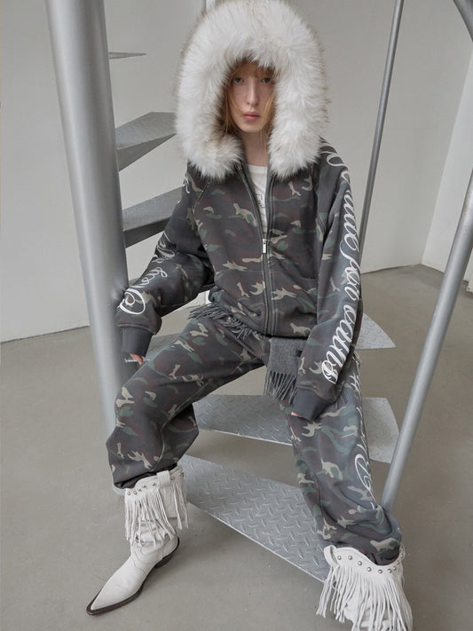 Embroidered Fur Hoodie Lounge Set