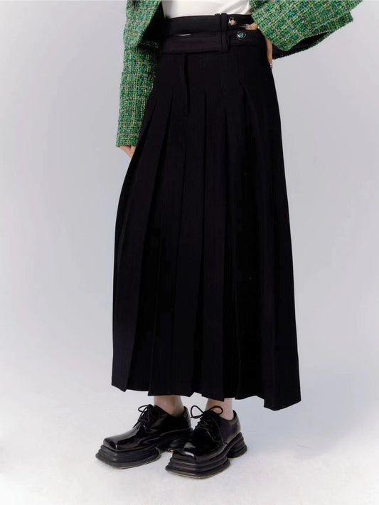 Midnight Florence Black Pleated Long Double Belt Dress