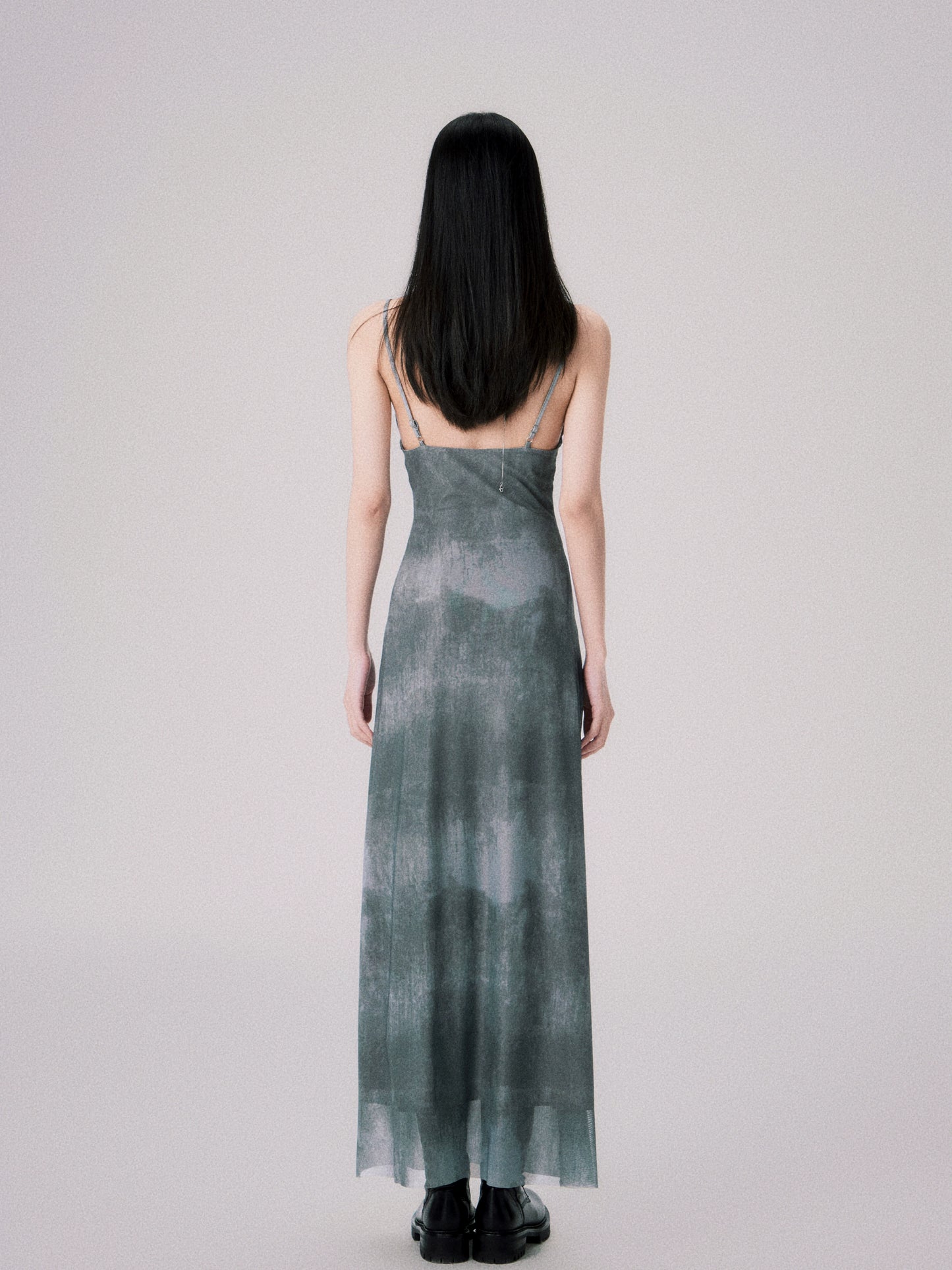 Vintage Tie-Dye Grey Green Mesh Stretch Slip Dress