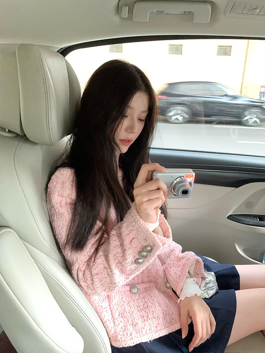 Pink Tweed Jacket – Chic Short Single-Breasted Celebrity-Inspired Coat