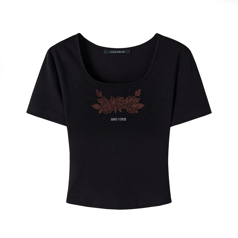 Red Lace Rose Print Durable Tee for Women