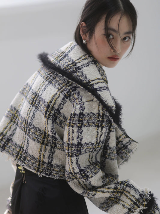 격자 무늬 대형 칼라 모피 가장자리 겨울 코트