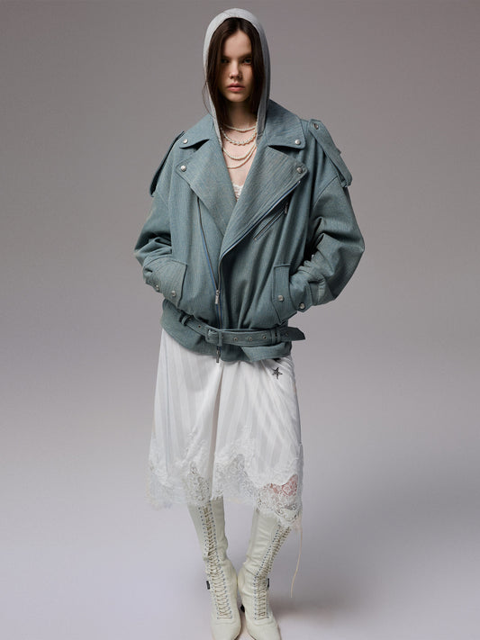 Washed Denim Biker Jacket