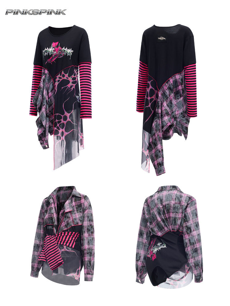 Reverse Stripe Tee & Mesh-Spliced Y2K Hot Girl Dress