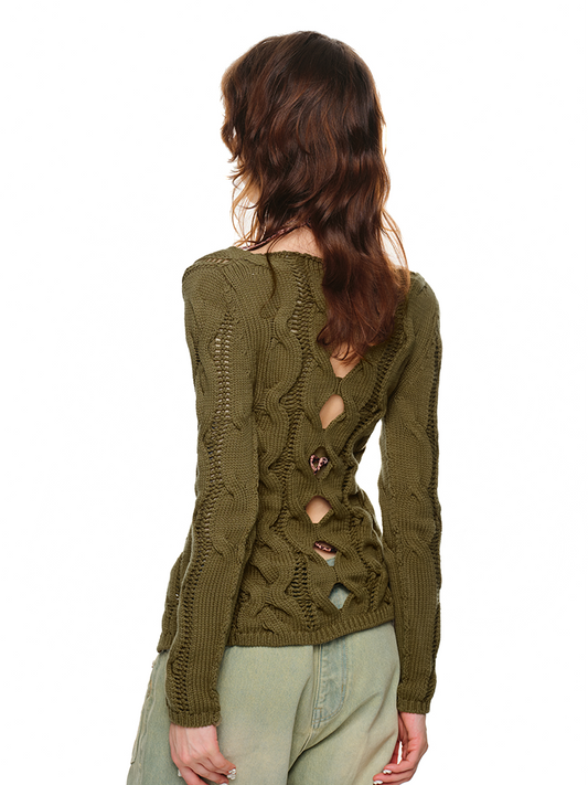 V-Neck Cut-Out Cable Knit Sweater – Sweet & Slim Fit Edition