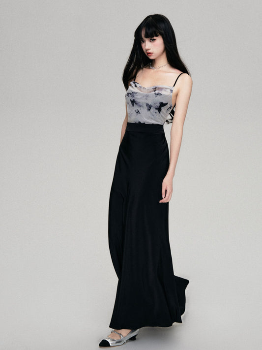 Butterfly Print Tulle Panel Slip Dress for Summer Resorts