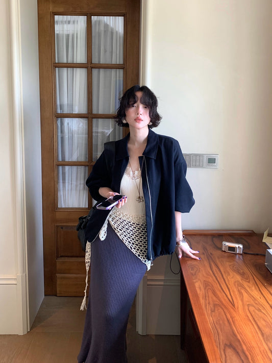 Navy Zip-Up Cropped Jacket – Hong Kong Retro Autumn Casual Outerwear