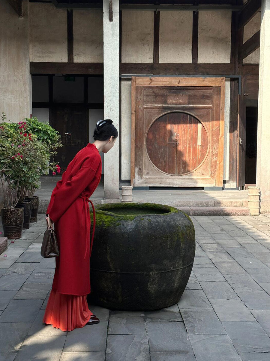 New Chinese Red Cashmere Coat – Elegant Shawl Cloak Tweed Jacket