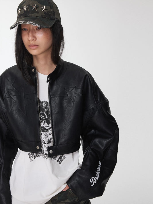 Women's color-blocked letter print patchwork structured jacket, oversized biker style, quilted short leather jacket