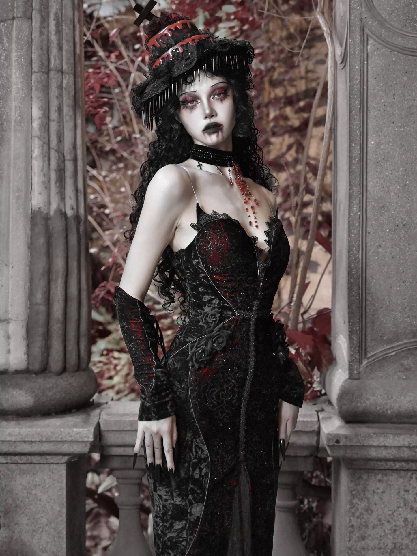 Crimson Blood Peak Gothic Dark Cake Cap Grotesque Mesh Tail Hat Accessory